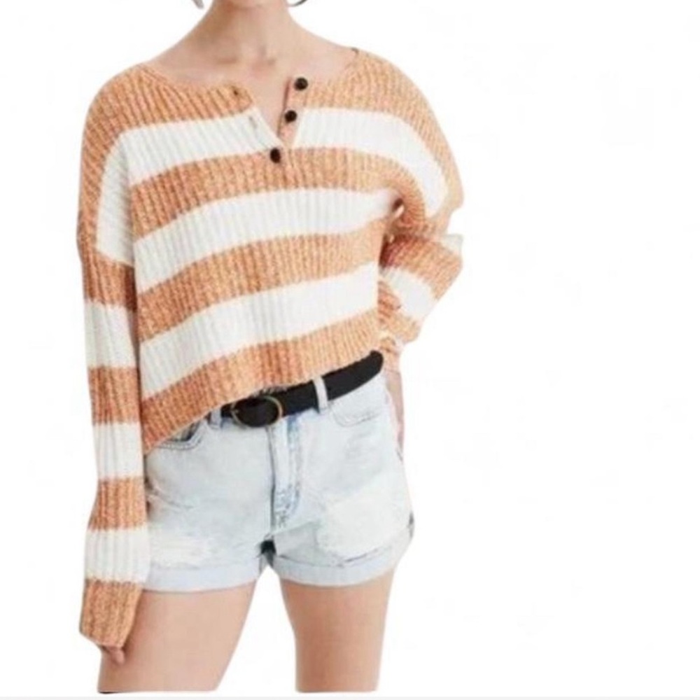 American Eagle Outfitters Orange & White Striped Henley Sweater